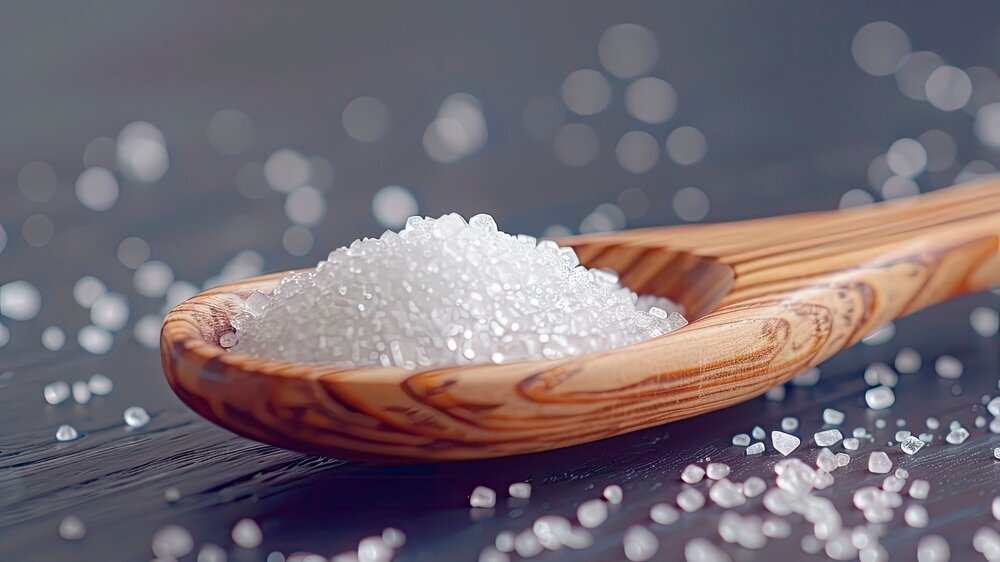 detailed visual of wooden spoon with crystalline erythritol sugar Erythrit Zuckerersatz Süßstoff