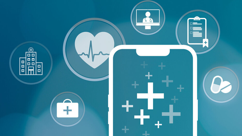digitalization of the health system, smartphone and background with medical icons, healthcare, health, Online video consultations, medicaments, doctor, checkup, online