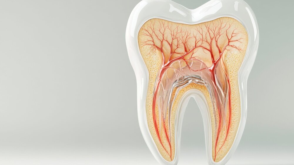 Detailed view of a tooth model showcasing internal anatomy, highlighting nerves and blood vessels in educational setting Zahn-Modell