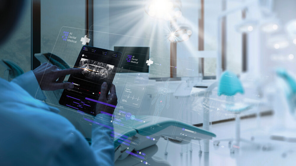 Dentist interacting with patient, use VR computer filling out charts schedule management for treatment with Ai technology for innovate different treatments,dental practices specifically. Dentist interacting with patient, use VR computer filling out charts schedule management for treatment with Ai technology for innovate different treatments,dental practices specifically.