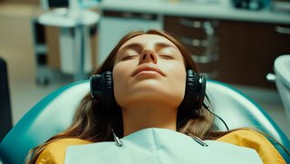 Entspannte Patientin trägt Kopfhörer auf dem Behandlungsstuhl