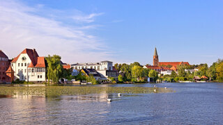 View to the Town Brandenburg an der Havel, with the Dominsel (Cathedral Island). It is the historic heart of the town. Here stands its oldest edifice: the Dom St. Peter und Paul (Cathedral of Saint Peter and Saint Paul). Although construction began in the Romanesque style in 1165, it was completed as a Gothic cathedral during the 14th century.