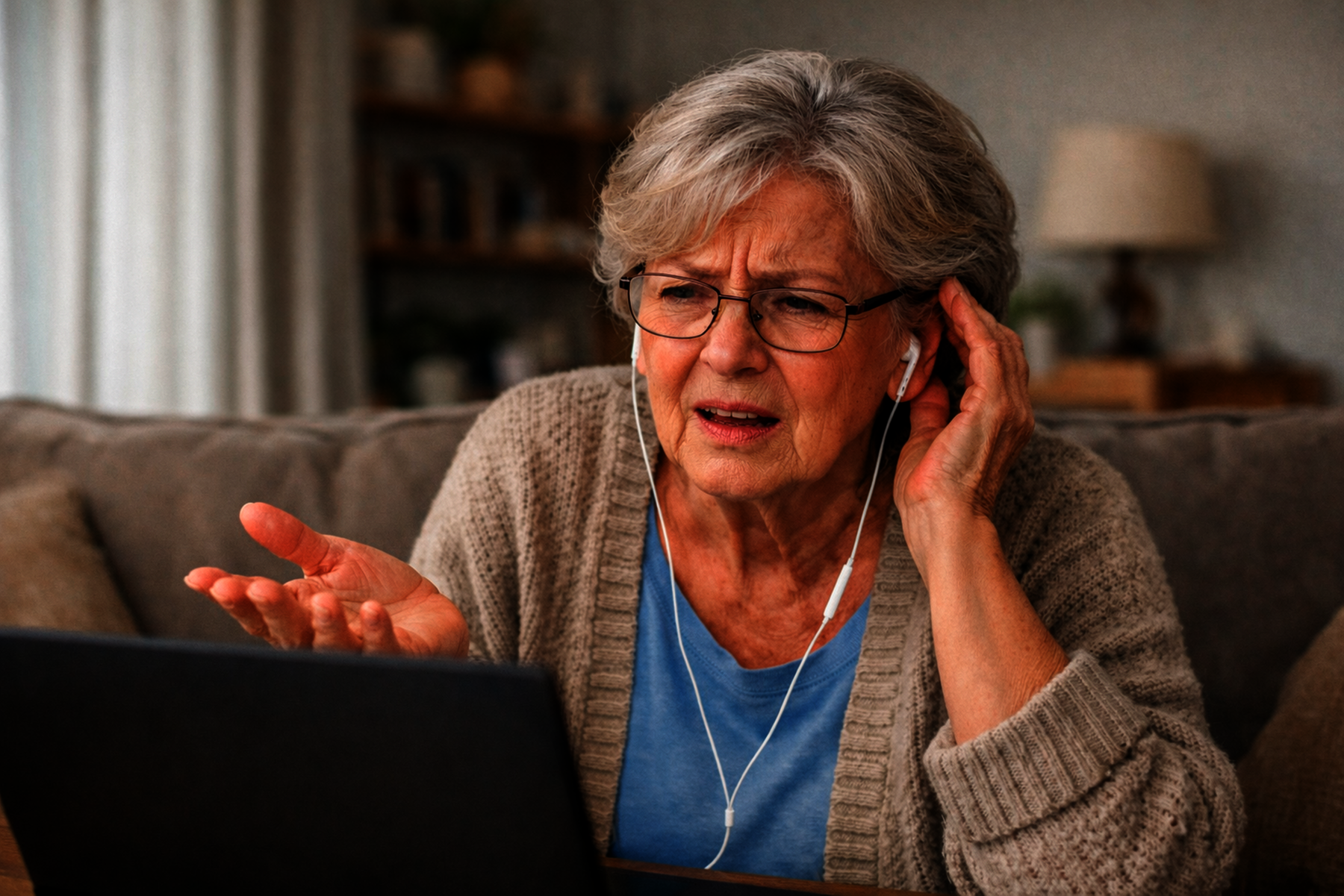 Alte Frau hat Verständnisprobleme bei einem Videocall