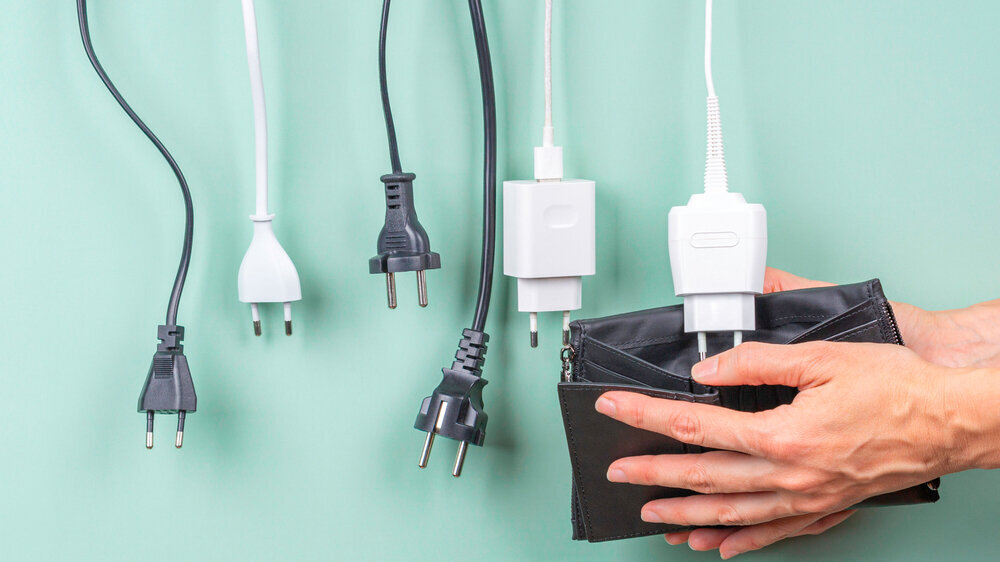 Many power cable cords with Eu plugs hanging over open wallet in woman hands. Electricity cost and expensive energy concept Energiekrise