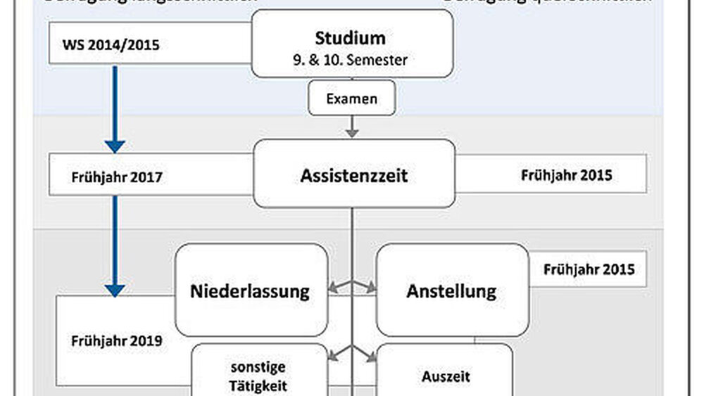 Abbildung 1: Die Datenbasis: Befragt wurden im Jahr 2015 Studierende, Assistenzzahnärzte und angestellte Zahnärzte. Die Studierenden werden weiter begleitet und im Frühjahr 2017 und im Frühjahr 2019 erneut befragt. |