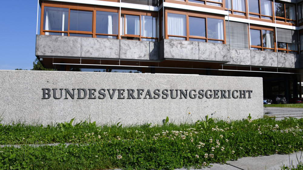 Karlsruhe, Baden-Wurttemberg, Germany - May 18, 2018: Sign at the entrance to the Supreme Constitutional Court of The Federal Republic of Germany - located in Karlsruhe, Germany Bundesverfassungsgericht Karlsruhe