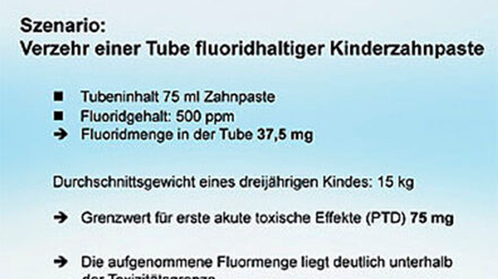 Abbildung 1: Berechnungsbeispiel zur akuten Toxizität von Fluorid nach Verzehr einer Tube Kinderzahnpaste durch ein dreijähriges Kind. | Abbildung 1: Berechnungsbeispiel zur akuten Toxizität von Fluorid nach Verzehr einer Tube Kinderzahnpaste durch ein dreijähriges Kind. |