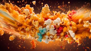 A dynamic image of popcorn being tossed into the air, with kernels forming a popcorn explosion, accompanied by vibrant colors and motion trails. Concept web banner. Generative AI