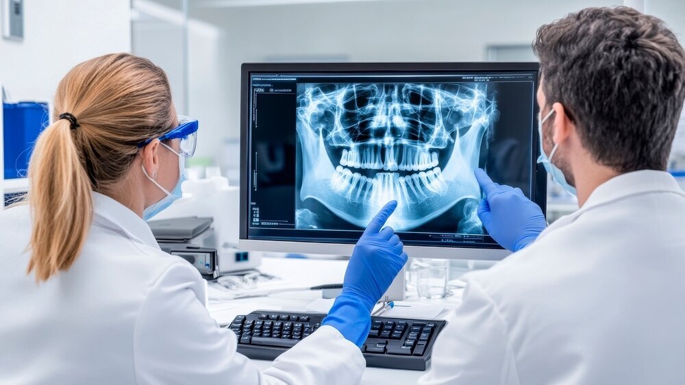 Zahnärzte analysieren Röntgenaufnahme Zahnärzte analysieren Röntgenaufnahme