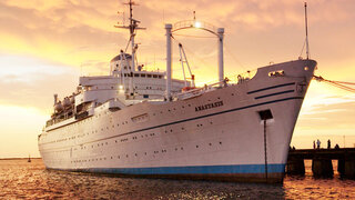 Anastasis with Sunset in background - Docked
