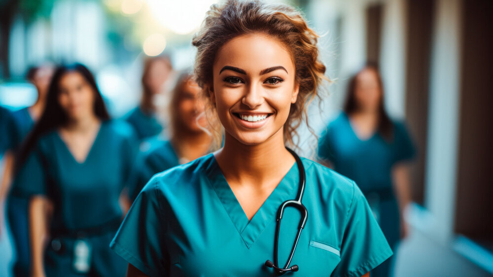 Portrait of Young Nursing Student with Hospital Team Medizinstudentin