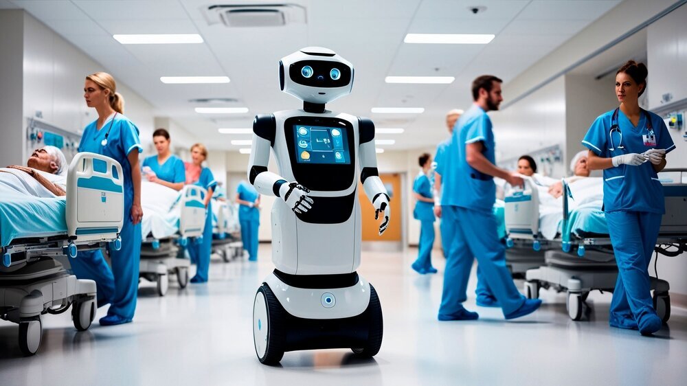 Ein Assistenzroboter rollt durch eine belebte Krankenhausstation, umgeben von medizinischem Fachpersonal Ein Assistenzroboter rollt durch eine belebte Krankenhausstation, umgeben von medizinischem Fachpersonal