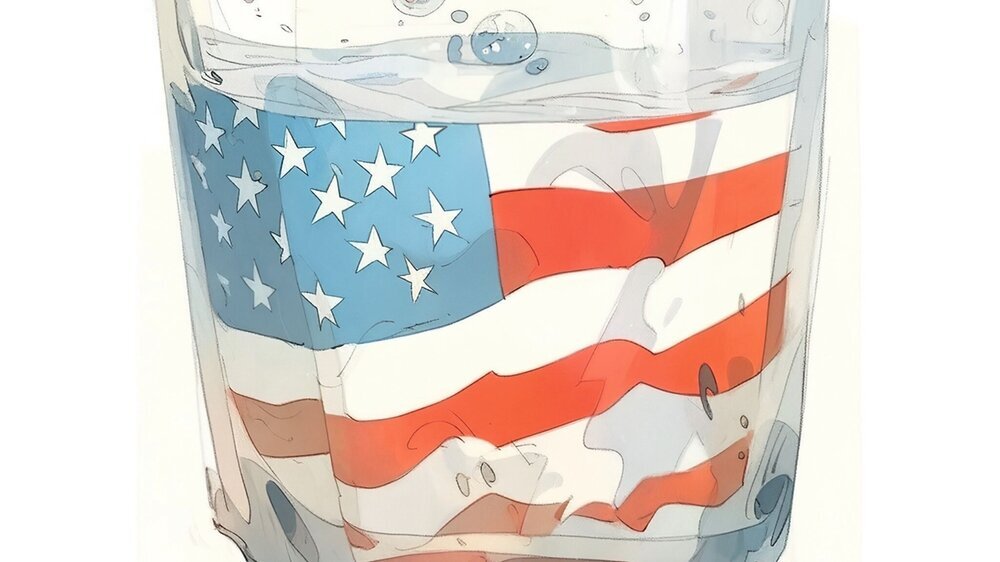 US-Flagge reflektiert in einem Wasserglas