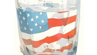 US-Flagge reflektiert in einem Wasserglas