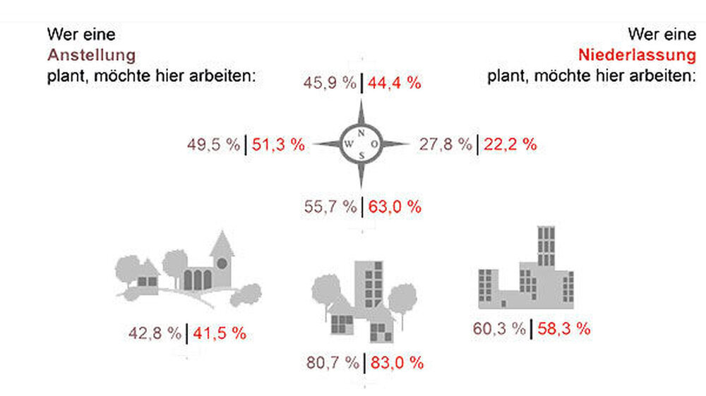 Erstes Ergebnis: Zwischen denjenigen, die niedergelassen und denen, die angestellt arbeiten wollen, zeigen sich bei den Angaben sowohl zur gewünschten Beschäftigungsregion als auch zum Beschäftigungsraum (ländlich, mittelstädtisch, großstädti