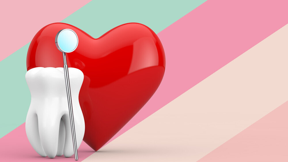 Dental Health Concept. Tooth Icon with Dental Inspection Mirror for Teeth and Red Heart. 3d Rendering Dental Health Concept. Tooth Icon with Dental Inspection Mirror for Teeth and Red Heart on a multicolored background. 3d Rendering
