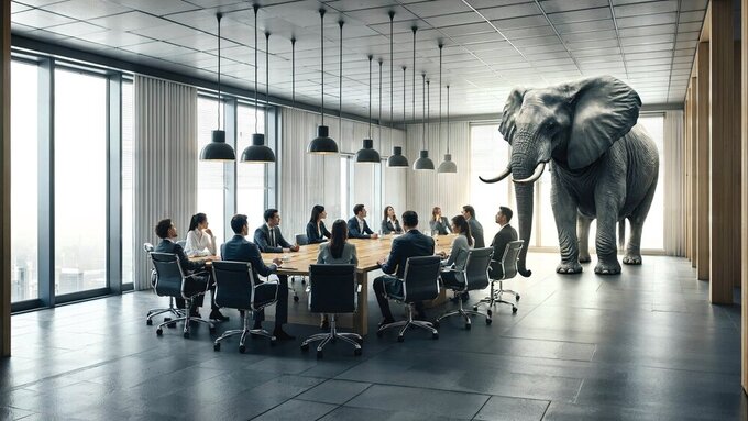 Business people addressing the elephant in the room during a meeting in the conference room, metaphor Elefant im Raum Problem
