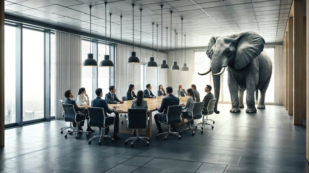 Business people addressing the elephant in the room during a meeting in the conference room, metaphor Elefant im Raum Problem