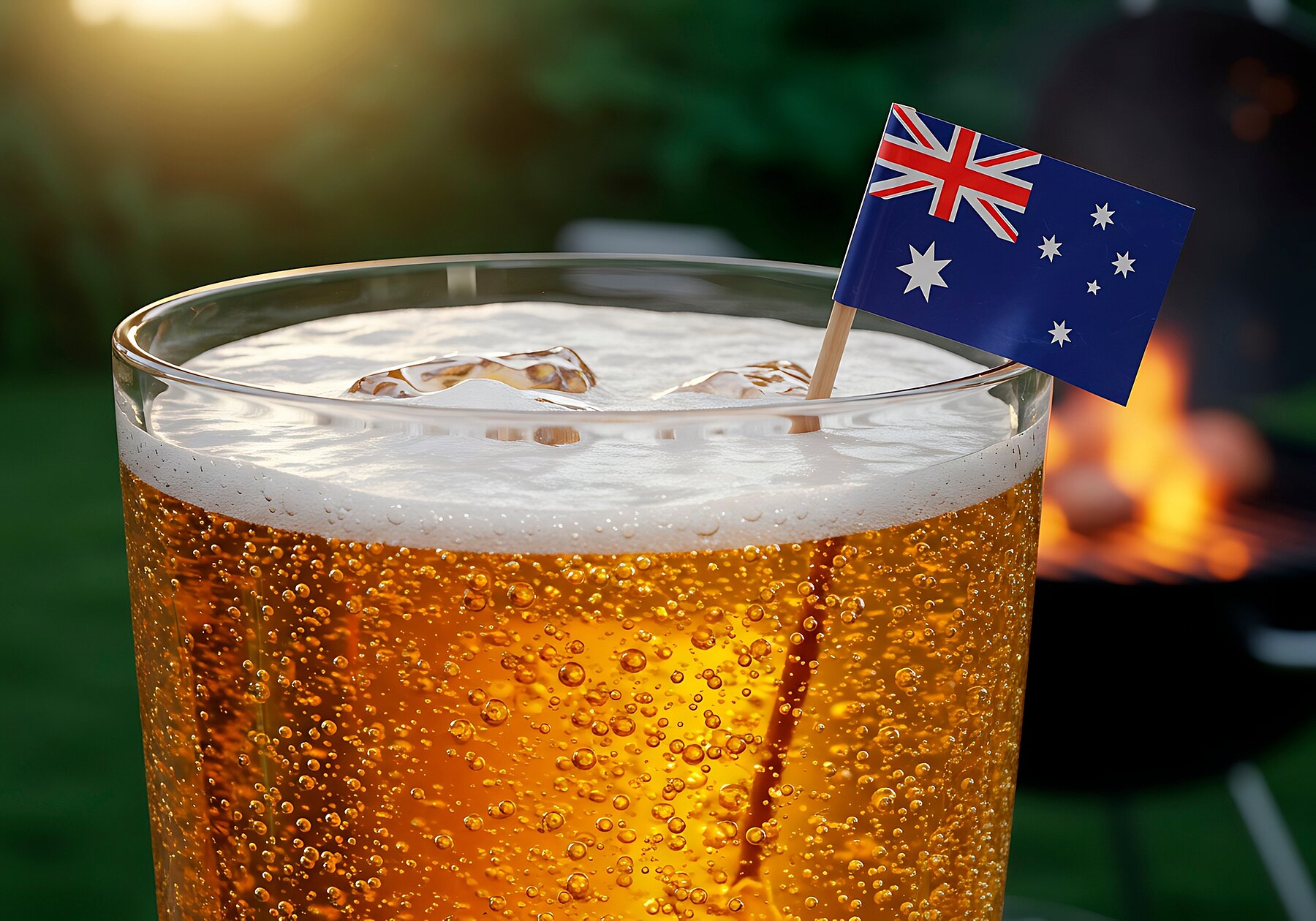 Closeup of a beer glass filled with light golden beer, topped with a frothy head, and ice. A small Australian flag is affixed to a toothpick and in the drink. The background includes an out-of-focus view of a backyard barbecue and green foliage. The warm sunlight highlights the scene. Great for commercial use in advertisements for beverages, outdoor events, or related industries.