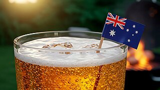 Closeup of a beer glass filled with light golden beer, topped with a frothy head, and ice. A small Australian flag is affixed to a toothpick and in the drink. The background includes an out-of-focus view of a backyard barbecue and green foliage. The warm sunlight highlights the scene. Great for commercial use in advertisements for beverages, outdoor events, or related industries.