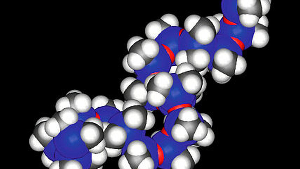 Abbildung 2a) Kettenausschnitt Polydimethylsiloxan (A-Silikon), Atome: Si = blau, O = rot, H = hellgrau, C = dunkelgrau. Die polaren Sauerstoffatome werden nahezu vollständig von den Si-Atomen und CH3-Gruppen abgeschirmt: nach außen völlig apolares, hydrophobes Molekül |