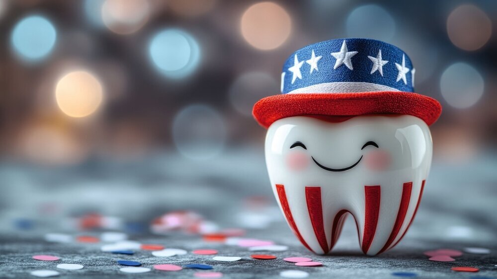 Smiling tooth with patriotic hat celebrating with confetti and lights. Independence Day, Fourth of July, July 4th - American Freedom Celebration, US National Holiday USA Zahnarzt USA, US-Zahnmedizin