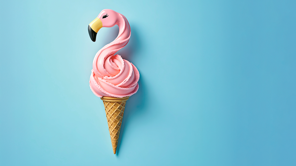 A pink flamingo in an ice cream waffle cone. A minimal abstract representation of summer and tropical vacations by the sea, depicted as a trendy collage against a blue background. Artistic minimal