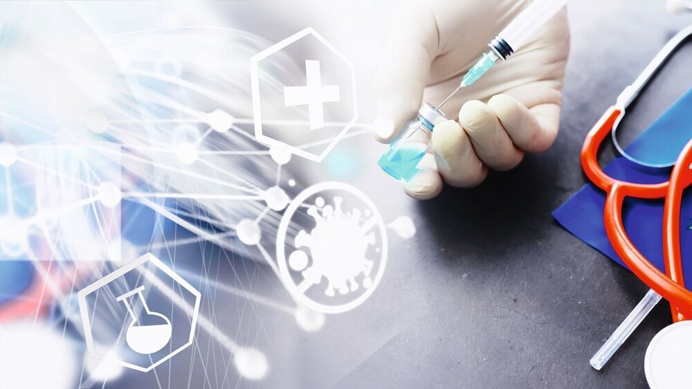 Health care concept. EU flag and stethoscope on gray background. Vaccination and epidemic.