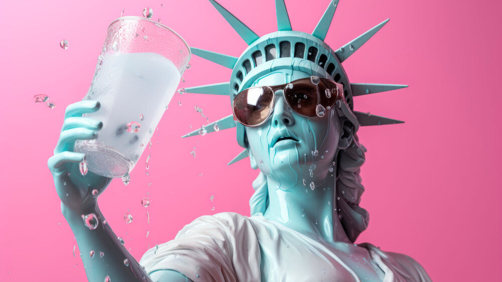 Creative portrait of a statue of liberty wearing sunglasses dousing herself with cold refreshing water against a pink background. Freiheitsstatue