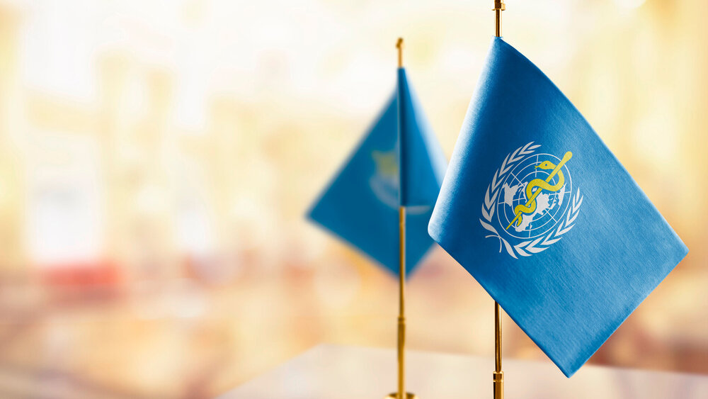 Small flags of the World Health Organization WHO on an abstract blurry background