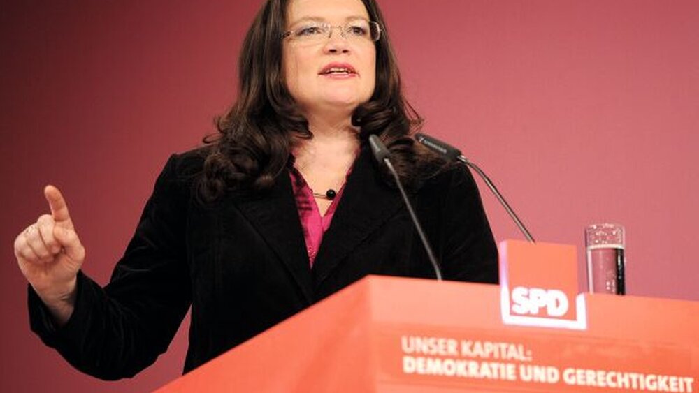 SPD-Generalsekretärin Andrea Nahles sprach vor den Parteitagsdelegierten zur Bürgerversicherung – Gerechtigkeit war dabei eines der Schlagworte. |