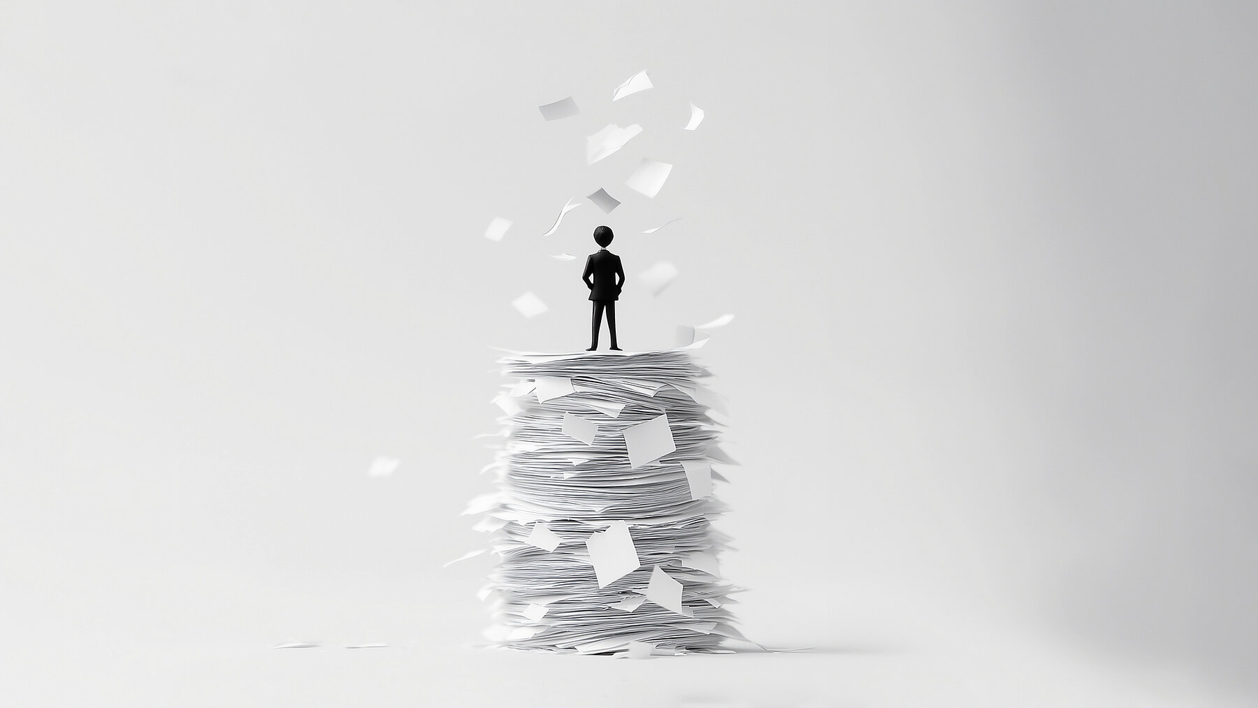 A mountain of office paper symbolizes bureaucracy and swallows a businessman. Bureaucracy dismantle - danger concept.