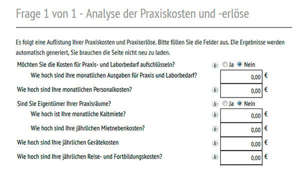 Beispiel zum Modul „Praxiskosten“: Eine Fragenübersicht unterstützt die fundierte Analyse. |