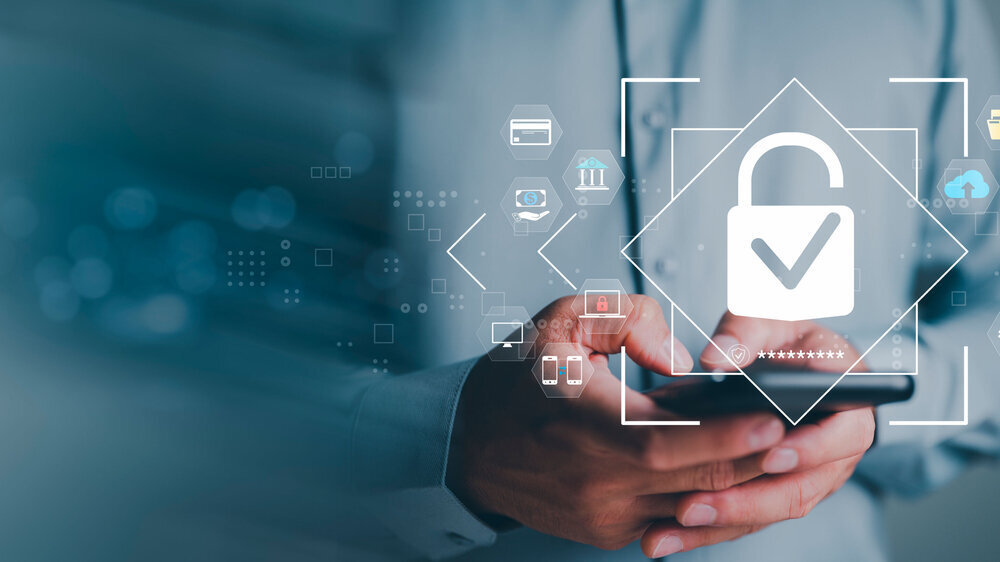 Cybersecurity privacy, data protection, businessman using smartphone Secure encryption technology, security Internet access, security encryption user private data, prevent data theft, Firewall Symbolbild Cybersecurity
