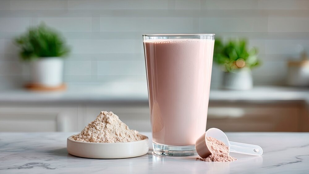 A visually appealing protein shake served in a clear glass next to a bowl of protein powder and a scoop, set in a bright kitchen, perfect for health enthusiasts.