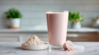 A visually appealing protein shake served in a clear glass next to a bowl of protein powder and a scoop, set in a bright kitchen, perfect for health enthusiasts.