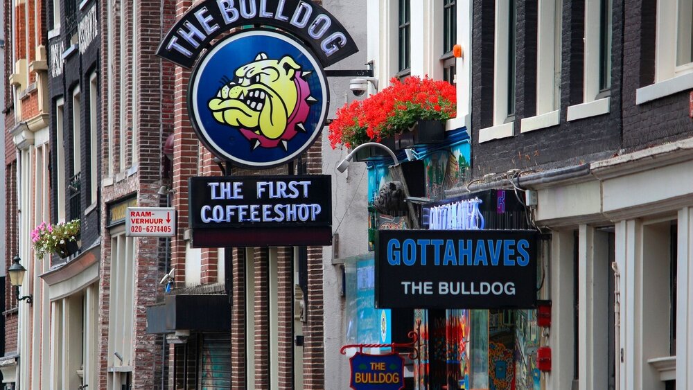 Straßenszene mit Schild des Coffee Shops Bulldog in Amsterdam
