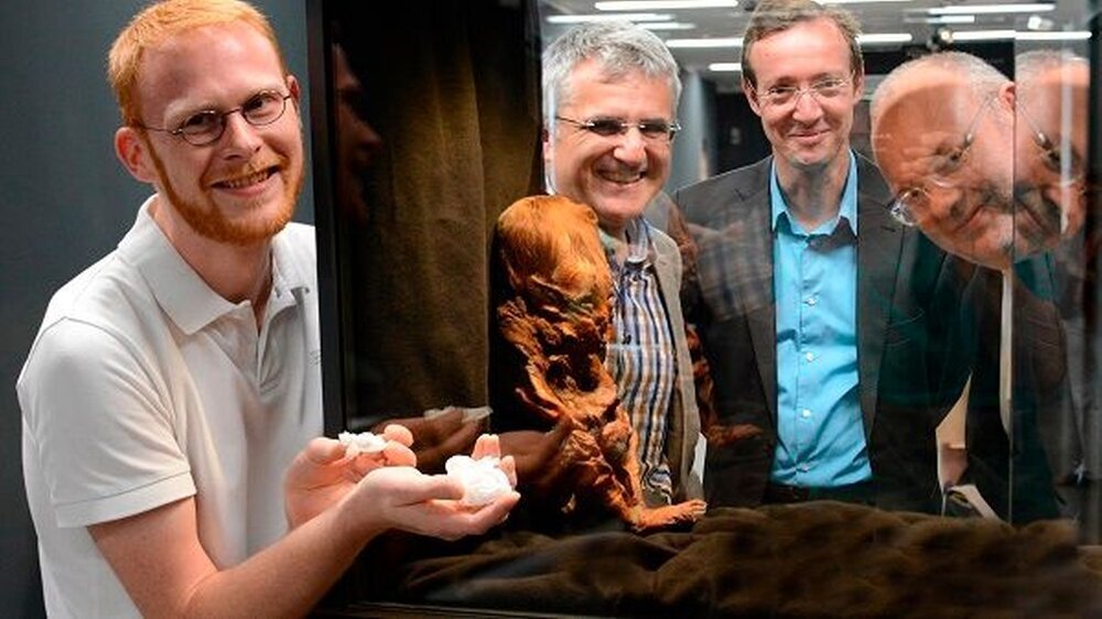 Durch interdisziplinäre Zusammenarbeit wurde die Todesursache geklärt: Kinderkardiologie Privatdozent Dr. Nikolaus Haas (HDZ NRW), Dr. Michael Zelle (Lippisches Landesmuseum) und Prof. Dr. Wolfgang Burchert (HDZ NRW) mit der Kindermumie.