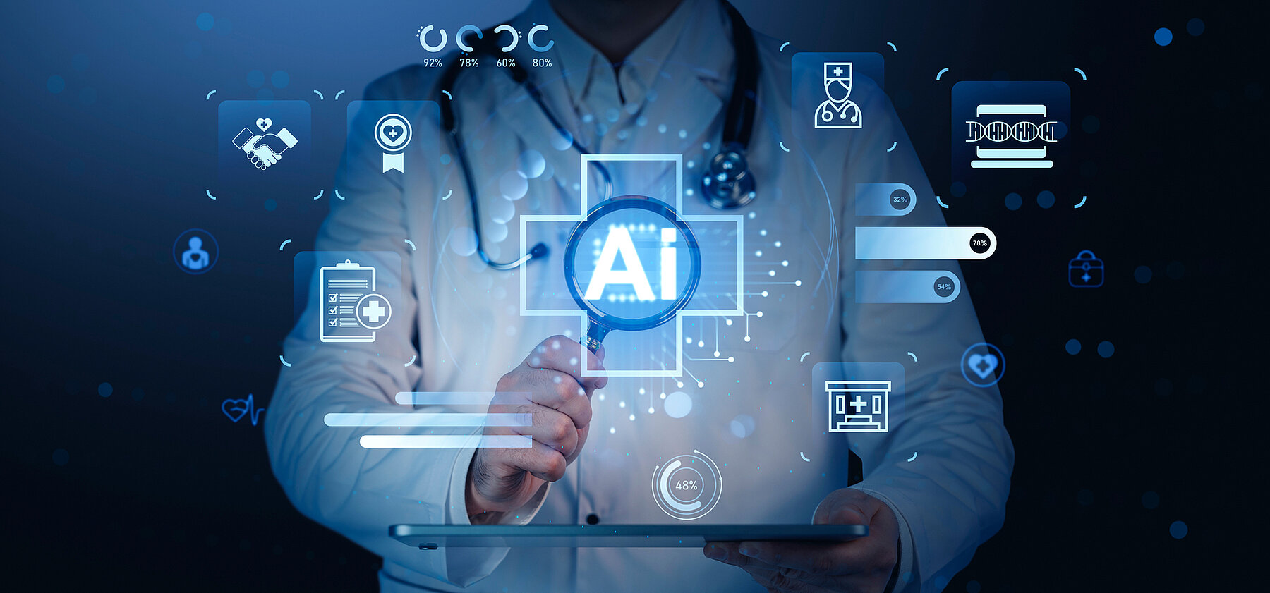 Doctor interacting with glowing AI hologram icons related to healthcare and medical technology, futuristic style on a blue background, concept of tech