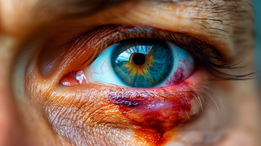 Nahaufnahme eines Hämatoms am Auge Nahaufnahme eines Hämatoms am Auge