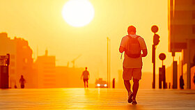 Urban heatwave scene with sunlit cityscape in pantone 7401c soft beige.