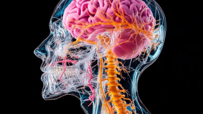 human anatomical model showing brain and nervous system menschliches Gehirn