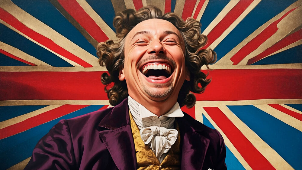 Mature British lord in traditional clothes and white wig laughing on the background of British flag British Lord Großbritannien