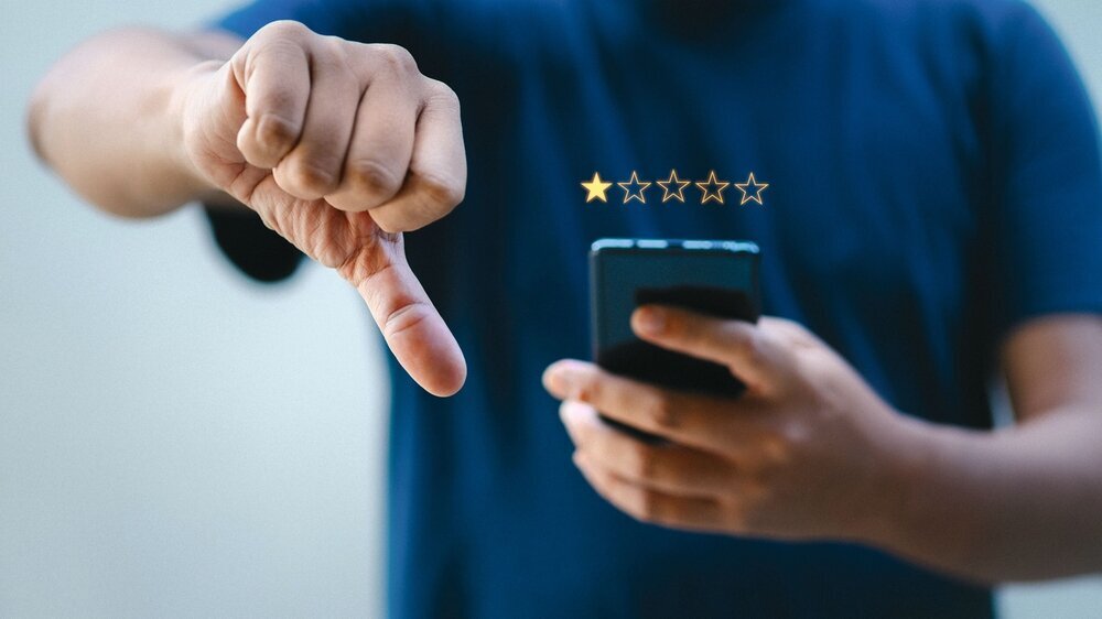 Dissatisfied customer experience concept, unhappy business customer with sad face , bad review, bad service dislike poor quality, low rating, bad social media.
