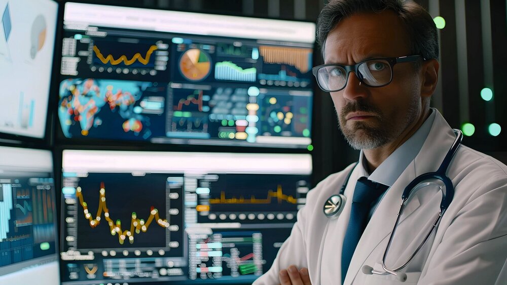 Porträt eines selbstbewussten Arztes und Monitor zeigen Geschäftsdaten oder finanzielle Unternehmensinformationen