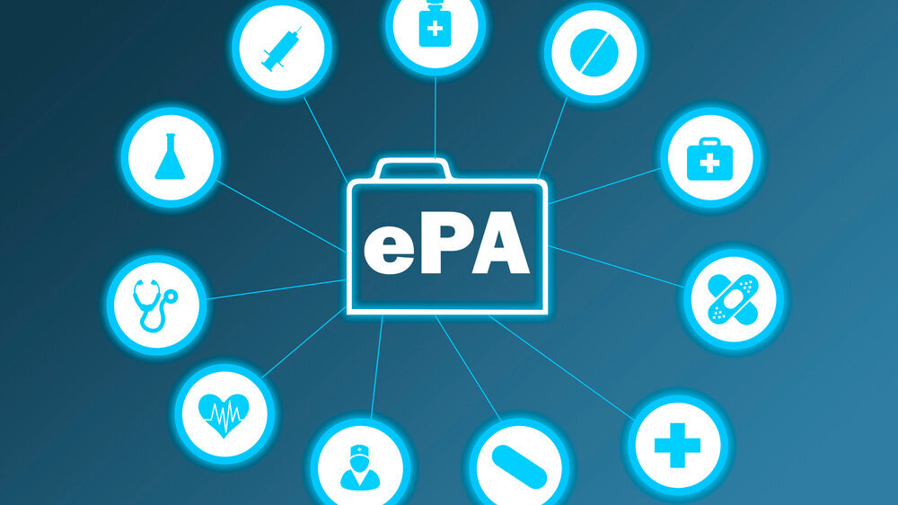 Vernetzung mit der ePA elektronische Patientenakte und vielen Symbolen aus dem medizinischen Bereich