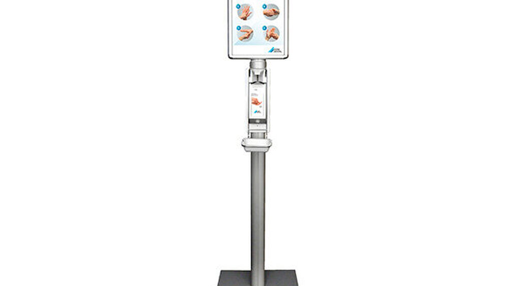 Zur berührungslosen Applikation der Präparate bietet DÜRR DENTAL zudem Sensorspender für 500ml- und 1l-Flaschen an – die Universal-Präparatespender Touchless. Seit Juli 2020 ist auch eine Spendersäule für die Universal-Präparatespender Touchless