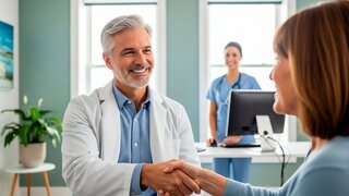 A doctor warmly greets a patient with a handshake in a bright medical office suggesting trust and care Ideal for healthcare communication