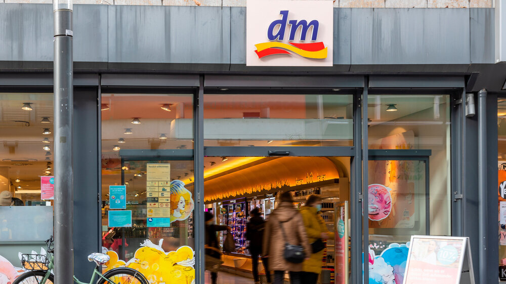 Koblenz, Germany - January 13, 2022: entrance of the local dm store. dm is a chain of retail stores offering cosmetics, healthcare items, household products and health food and drinks. dm-Filiale