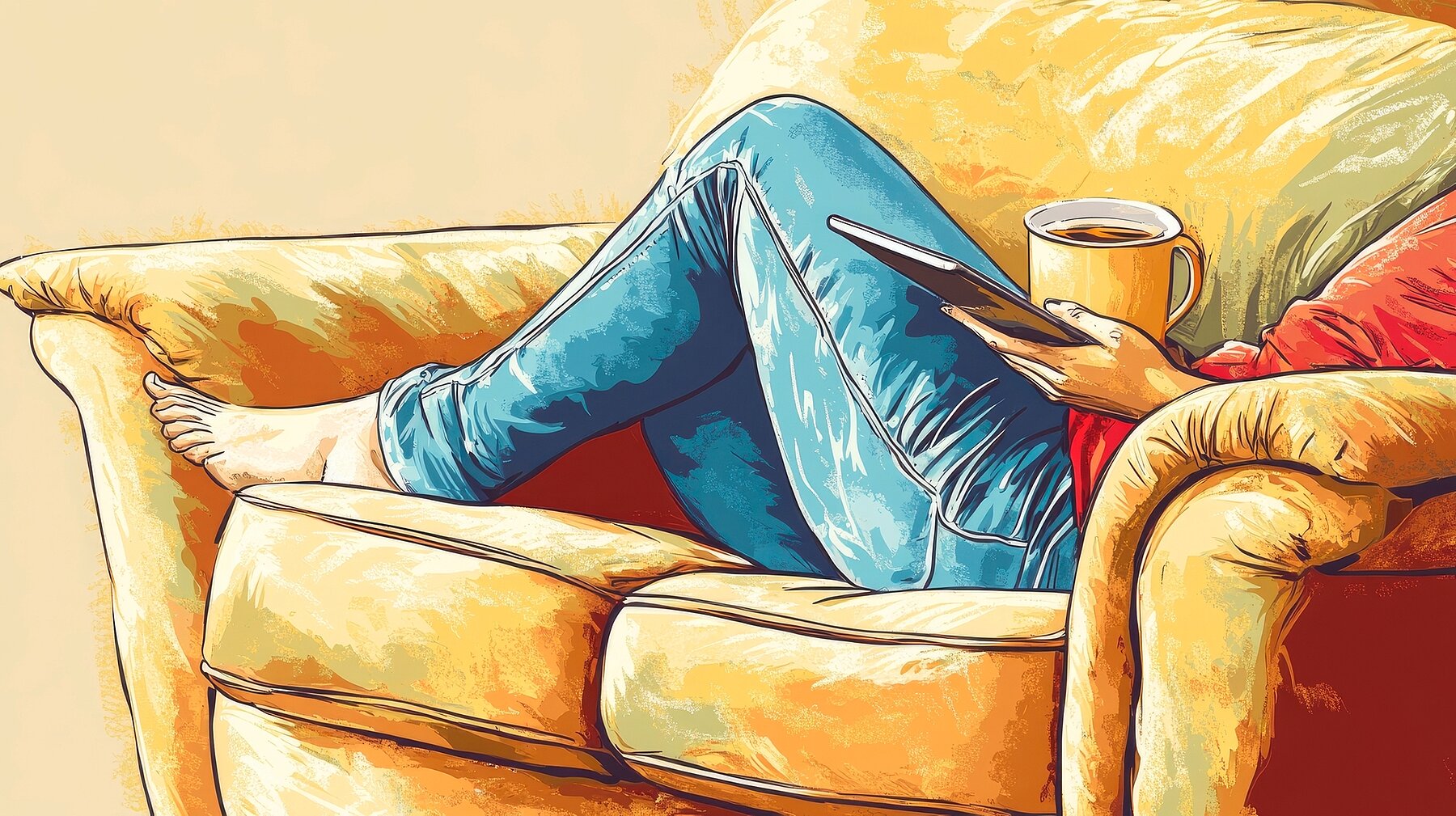 A serene moment of relaxation shows a person lounging on a yellow couch, enjoying coffee and using a tablet. The atmosphere is warm and inviting, perfect for leisure time.